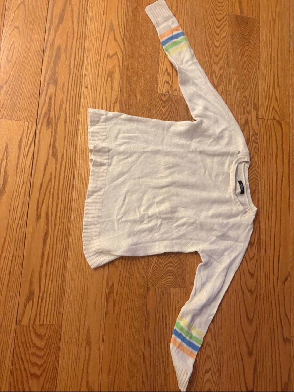 Michael Lauren White Crewneck Sweater with Rainbow Sleeve Stripes